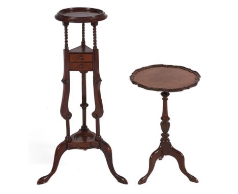 A walnut tripod table, 20th c, with quarter veneered burr walnut top, 55cm&nbsp; h, 37cm diam and a George III style mahogany