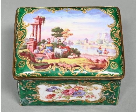 A French enamel casket, late 19th c, the lid painted with figures and ruins in an idyllic landscape, the sides with flowers r