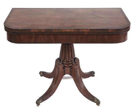 A William IV mahogany and calamander tea table, on reeded tapering pillar and quadruple legs with brass acanthus castors, 74c