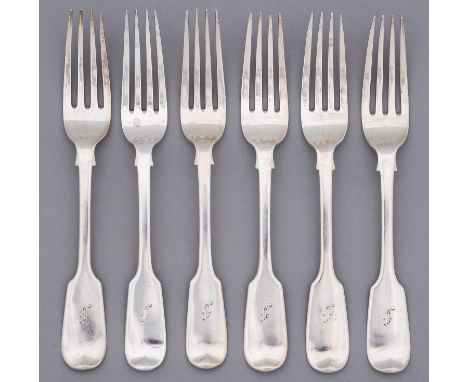 A set of six Victorian silver table forks, Fiddle pattern, initialled F, by William Eaton, London 1840 or 1843, 14ozs 10dwts 