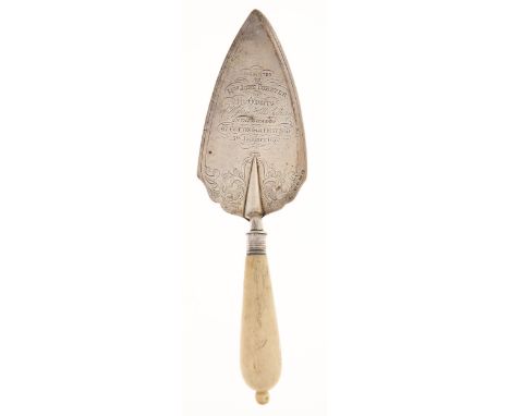 A Victorian silver trowel,&nbsp;engraved Presented to Mrs John Forster by The owners of Wylam Hills Colliery on the occasion 