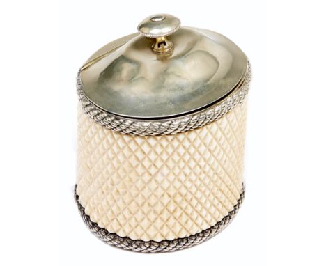 A Victorian EPNS mounted ivory tea caddy, late 19th c, of diamond carved tusk section, 14cm h  Knop slightly bent where dente