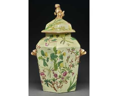 A Staffordshire bone china hexagonal green ground jar and cover, probably Spode, c1830, with gilt dog of Fo finial and mask h