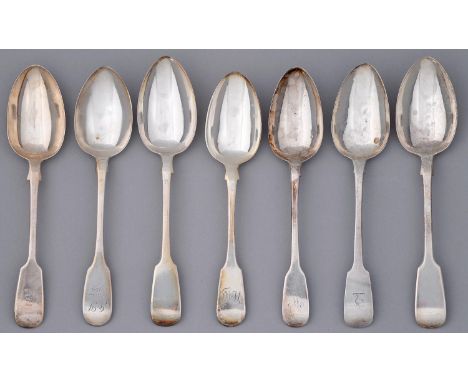 Six silver tablespoons, George IV-Victorian, Fiddle pattern, all Londonm by various makers and one other, same pattern, crest