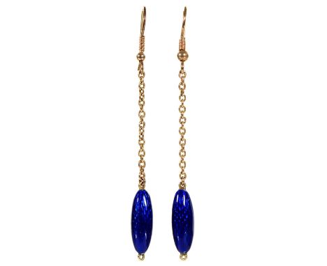 A pair of gold and blue guilloche enamel pendant earrings, altered from another article,&nbsp;the drop suspended from gold ch