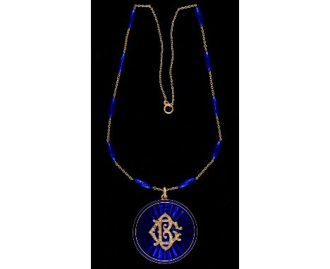 A diamond and gold and blue guilloche enamel locket, early 20th c, the initials GB picked out in diamonds, plain back, contai