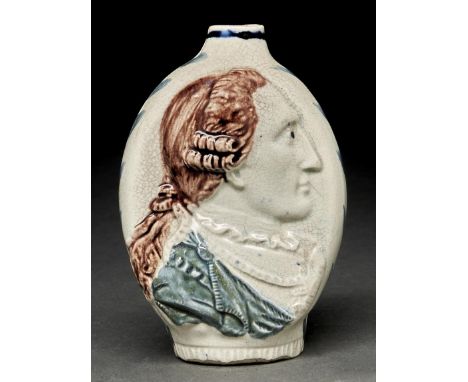 A Prattware flask, c1792, moulded to either side with profile portrait of Louis XVI or Marie Antoinette, 12cm h  The source f