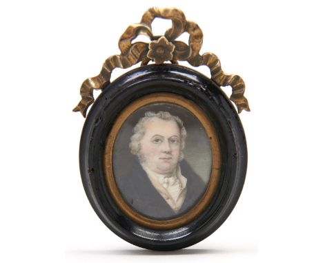 British School, early 19th century - Portrait miniature of a Gentleman, in white cravat, yellow waistcoat and dark blue coat,