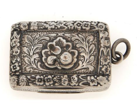 A George III silver vinaigrette, the lid engraved with leafage applied with a chased rosette and border, foliate grille, 35mm