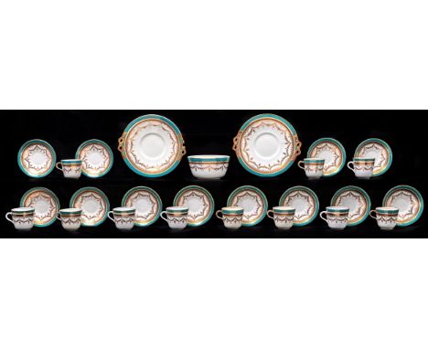 A Staffordshire bone china tea service, c1870, with gilt swags and chrome green and gilt border, the service including a pair