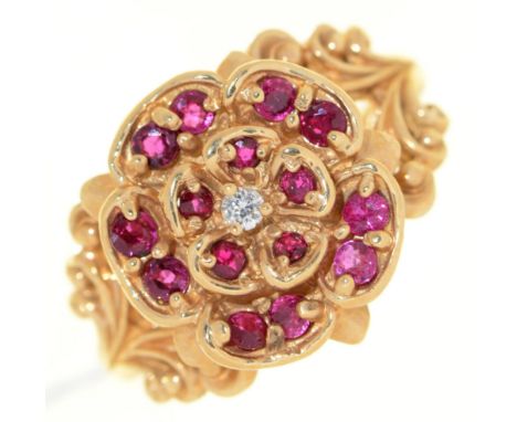 A ruby and diamond cluster ring, &nbsp;in 14ct gold, &nbsp;by The Franklin Mint, 7g, size  