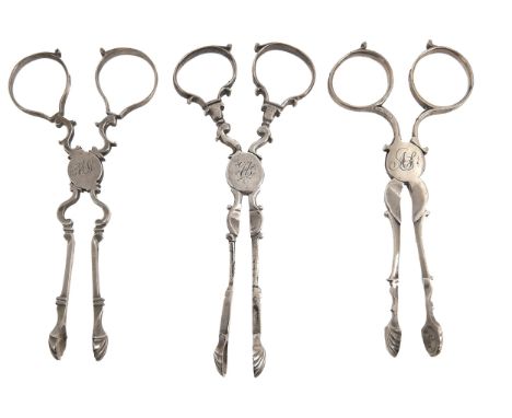 Three pairs of George II or early George III silver sugar nips, all London, maker's mark and Lion passant only, one maker HP,