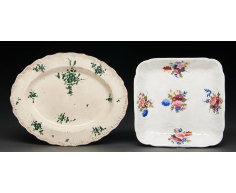 A Pinxton teacup and saucer, 1796-1813, in a polychrome sprig pattern and other English ceramics, to include an oval cream wa