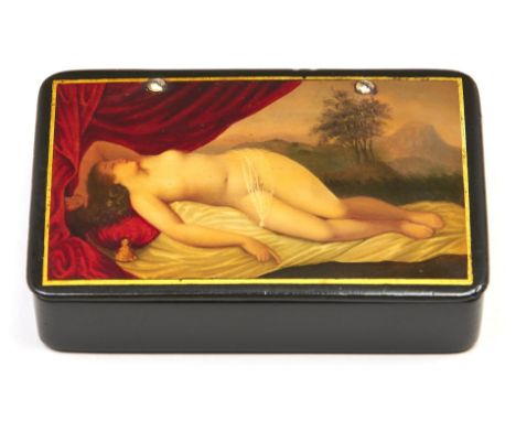 A Continental papier mache snuff box, mid 19th c, the lid painted with a sleeping nymph, 90mm l  Old split in back at either 