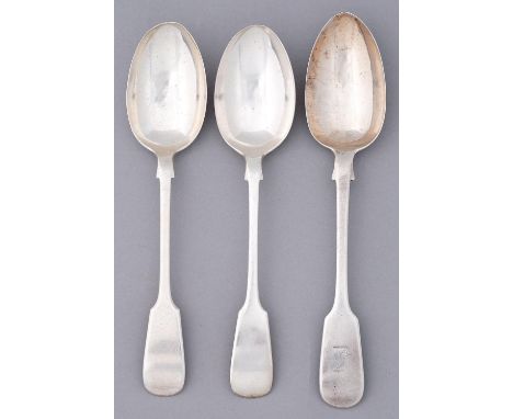 A Victorian silver tablespoon and a later pair of silver tablespoons, Fiddle pattern, the first by H J Lias &amp; Son, London