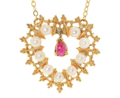 A ruby and cultured pearl openwork pendant, &nbsp;in gold, &nbsp;14mm, by The&nbsp; Franklin Mint, marked 14k &nbsp;and a 14c