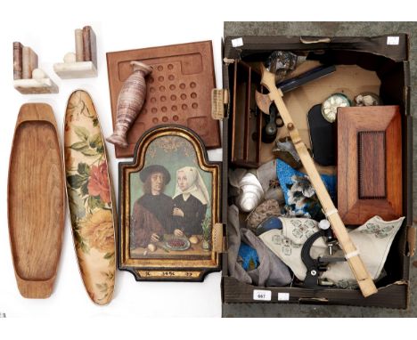 A Victorian rosewood tea caddy, a pair of alabaster bookends, miscellaneous bygones, treen and decorative objects  