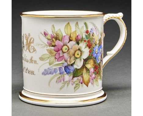 A Royal Worcester mug, 1881, painted with lily of the valley and other flowers flanking the gilt initials JIC and inscription