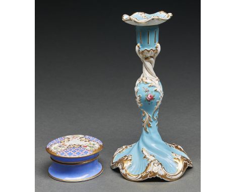 A English porcelain candlestick and nozzle, c1830, painted with flowers on a turquoise ground, 23cm h and a Staffordshire bon