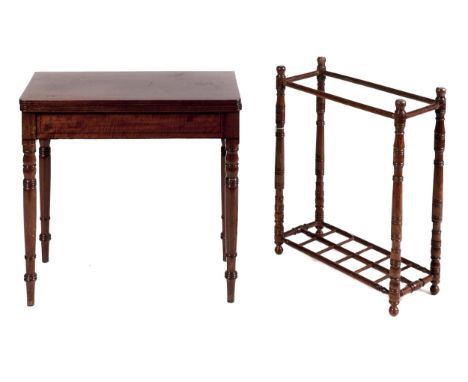 A Victorian mahogany tea table, with ebony inlaid frieze, on turned legs, 73cm h; 38 x 76cm&nbsp; and an Edwardian turned and