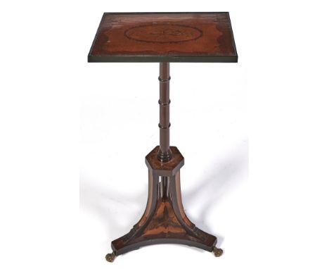A mahogany, satinwood, inlaid and penwork stand, 19th/20th c, in Regency style, the rectangular top decorated with a musical 