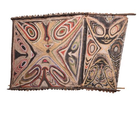 A Lower Sepik panel Papua New Guinea three pieces of bark with abstract pigment decoration, fibre bound, 68.5cm x 105.5cm. Pr
