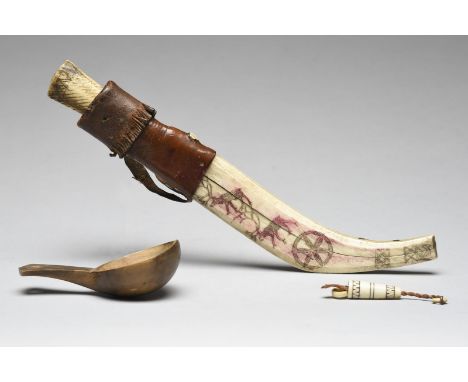 A Sami knife and scabbard Lapland antler with a steel blade, 21.5cm long, the scabbard with engraved caribou and geometric mo