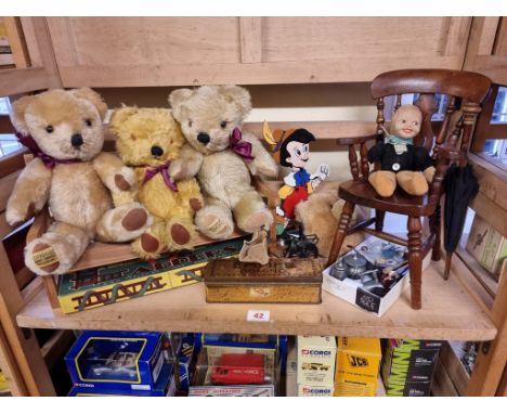 Merrythought: two small blond mohair bears, and a similar Chad Valley example; together with a small collection of other toys