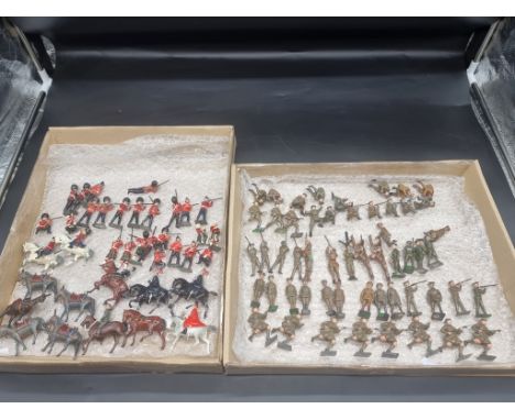 Britains:&nbsp;a collection in 2 trays, vintage soldiers, some mounted, various regiments, to include examples by Johillco. 