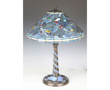 A modern Tiffany style table lamp, the conical blue glass shade detailed with dragonflies and coloured glass roundels above a