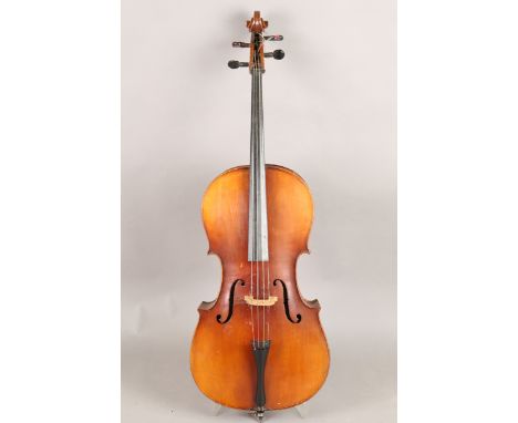 A cello, bearing interior label detailed 'Copy of Antonius Stradivarius Made in Germany', length of back excluding button 69.