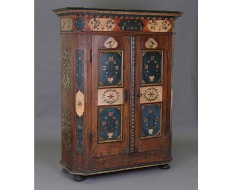 A 19th century Swiss painted softwood hall cupboard, the frieze initialled 'R A H' above birds, flowers, vases and panels of 