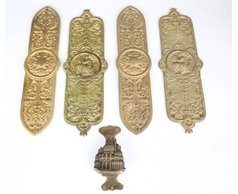 A pair of Victorian brass door plates by W. Tonks &amp; Son, each relief cast with a semi-nude harpist within a floral border