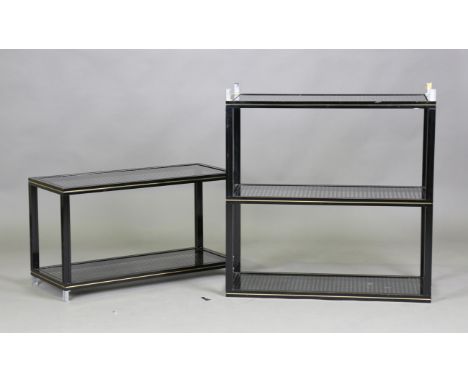A mid/late 20th century French ebonized and brass line inlaid display shelf by Pierre Vandel, height 120cm, width 80cm, depth
