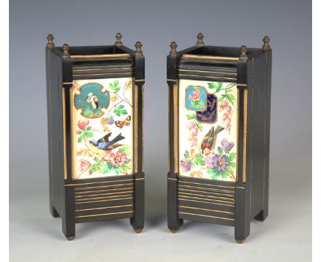 A pair of late Victorian Aesthetic Movement slate and gilt decorated mantel vases, each front panel painted with birds and fl