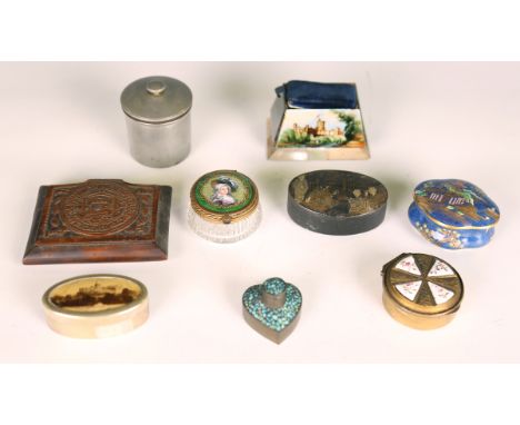 A group of various boxes, including a Victorian mirrored glass pin cushion box, the sides painted with views of Windsor and B