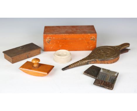 A late 19th century black tin and lacquered brass magic lantern, cased, a small set of cased scales, a fruitwood blotter and 
