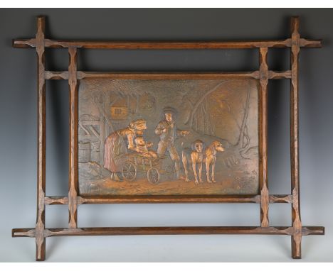 A pair of early 20th century Arts and Crafts style oak Oxford frames, each inset with a pressed card panel depicting figures,