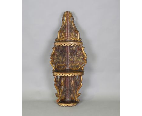A late 19th century carved and painted softwood corner wall shelf, height 125cm.Buyer’s Premium 29.4% (including VAT @ 20%) o