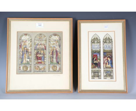 W.E. Hodges - two early 20th century watercolour designs for a three-light stained glass window, 21.5cm x 23.5cm, and a two-l
