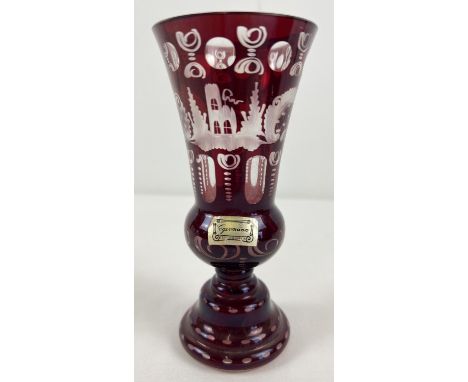 A vintage Czechoslovakian Bohemian style etched vase with ruby coloured overlay. By Egermann, complete with original label. A