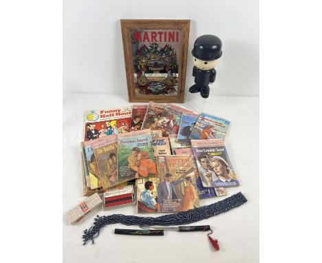 A collection of vintage misc items to include a "Fred" Homepride flour shaker, a wooden framed Martini mirror, boxed Eclipse 