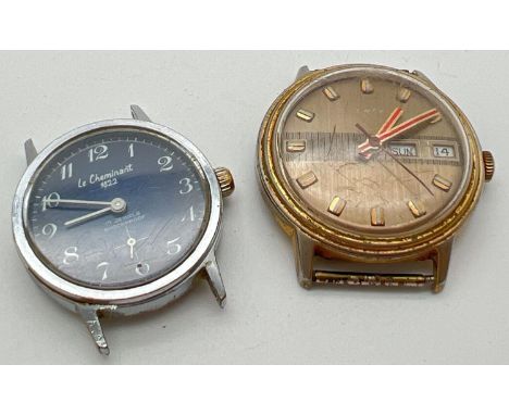 2 vintage men's wristwatches without straps. A Le  Cheminant 1822 17 jewel shockproof watch with secondary dial, blue face an