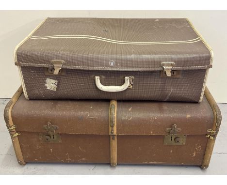 A vintage wooden bound travelling trunk with lift out interior tray and leather handles. Together with a mid century Noton su