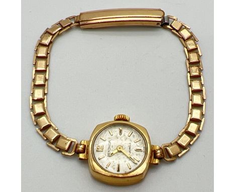 A ladies vintage 9ct gold cased wristwatch by Sekonda, with rolled gold bracelet strap. Hallmarks to inside of back of case. 