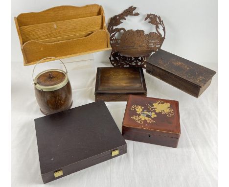 A collection of assorted vintage wooden items. To include: an Oriental red lacquer box, a light wood letter rack, a biscuit b