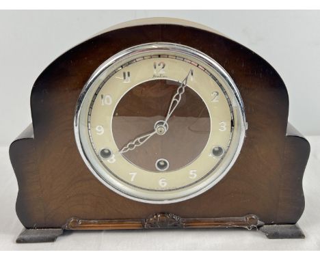 A vintage Bentima wooden cased Westminster chime mantle clock. With Perivale movement, complete with key. Chimes but doesn't 