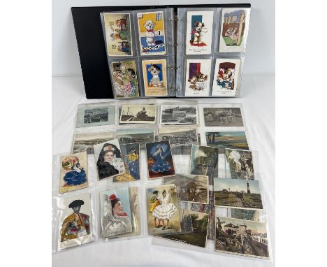 An album containing approx. 250 assorted vintage postcards. To include: trains and railway, actresses, novelty and comical an