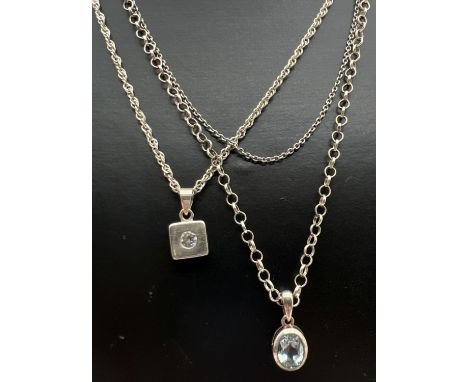 3 silver chain necklaces. An 18" Singapore style chain with square clear stone set pendant, a 16" belcher chain with push bar