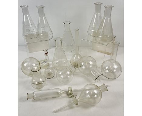 A collection of vintage scientific glass containers, measures and flasks to include conical. Largest approx. 38cm long. 